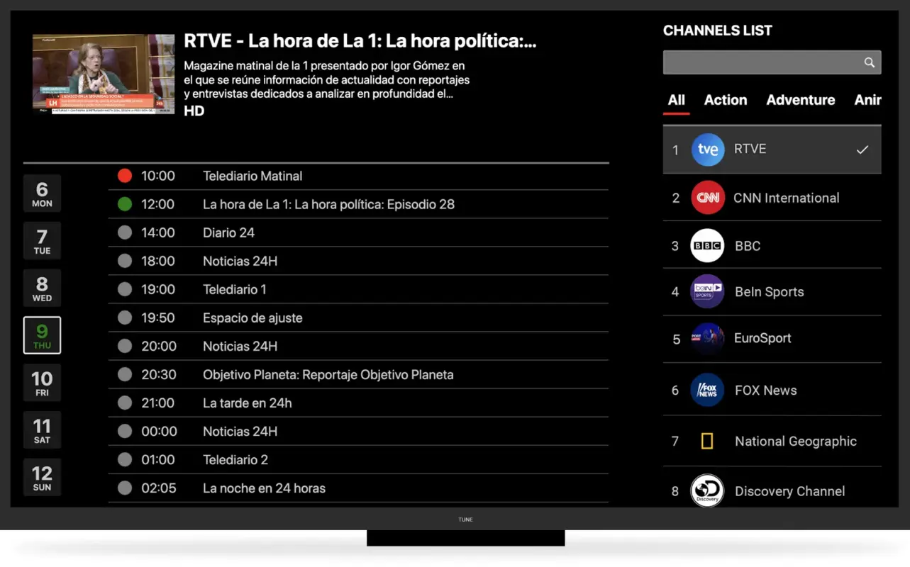 Mega IPTV IPTV electronic programme guide (EPG) showing the live TV schedule by channel