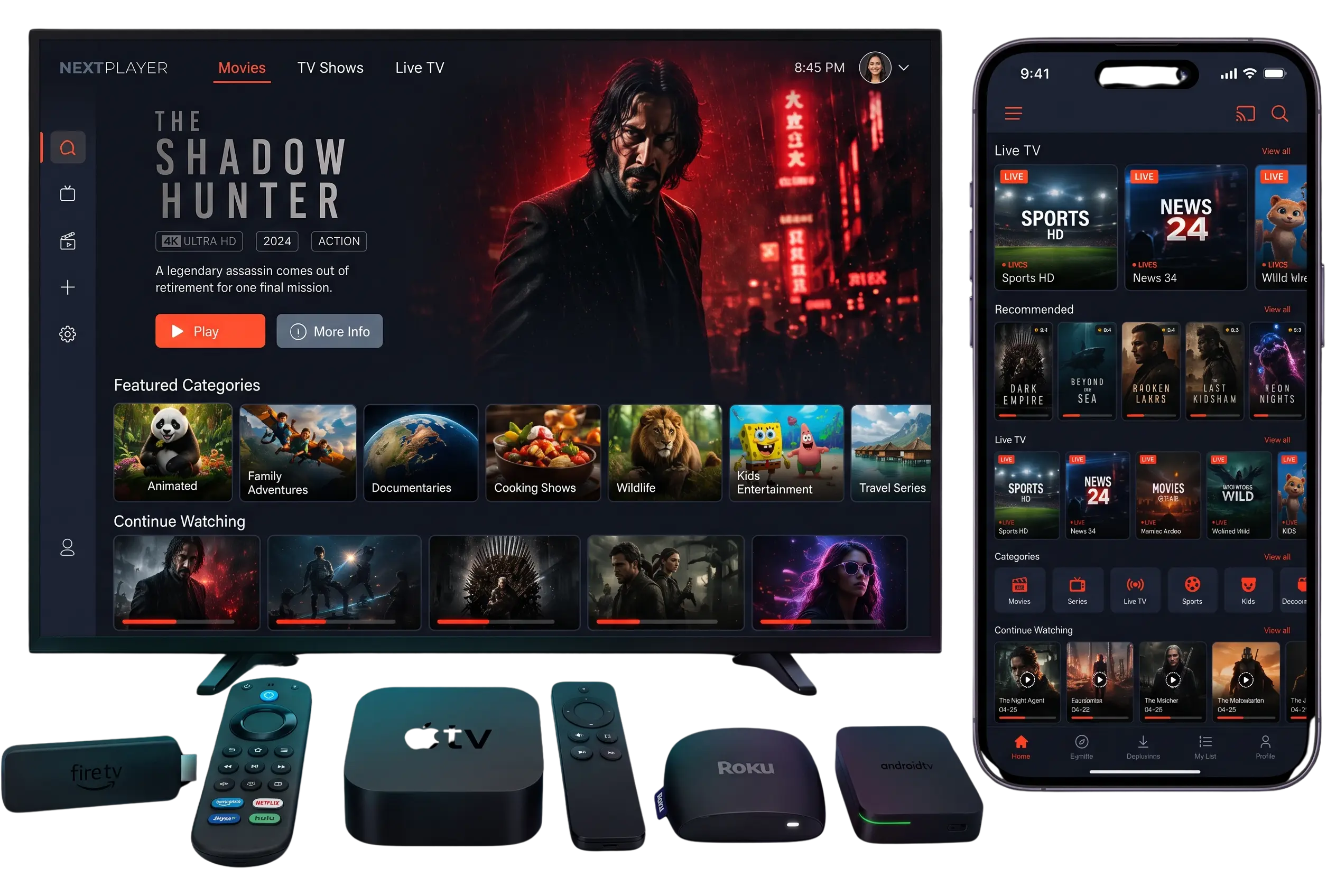 Mega IPTV IPTV service on a Smart TV, smartphone, Firestick and streaming boxes, showing movies, series and live TV