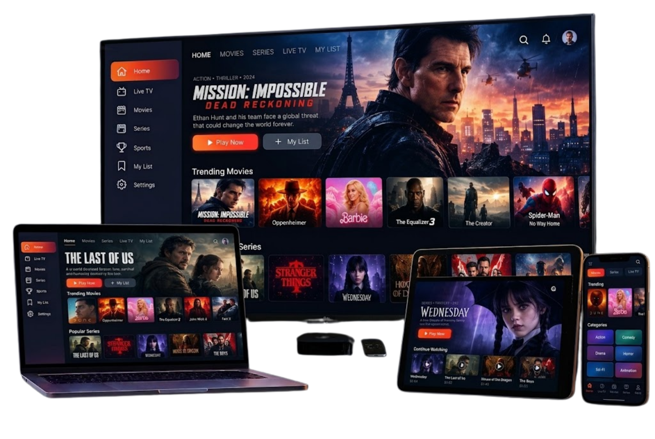 Multi-screen IPTV: Mega IPTV playing on a TV, a tablet and a smartphone at the same time